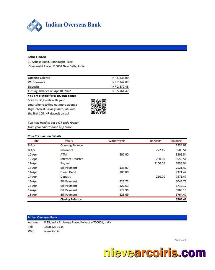 India Indian Overseas Bank statement